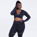 Mulheres plus size atlético desgaste cross top e leggings conjunto de fitness roupas de manga longa de ioga preta de manga longa